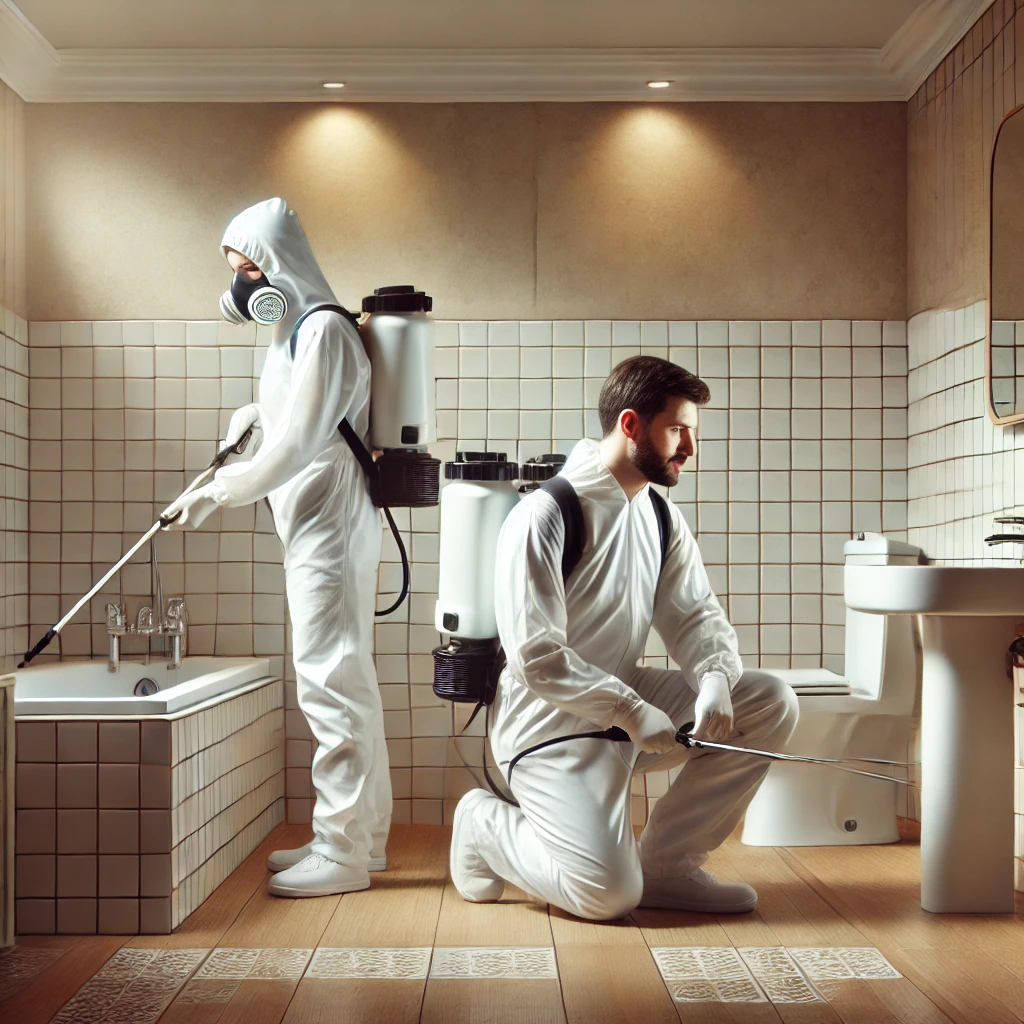 a pest control team of 2 persons doing pest control in bathroom (2)