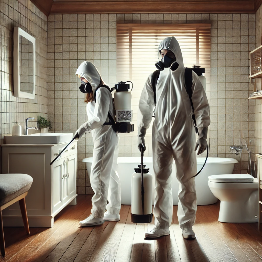 a pest control team of 2 persons doing pest control in bathroom